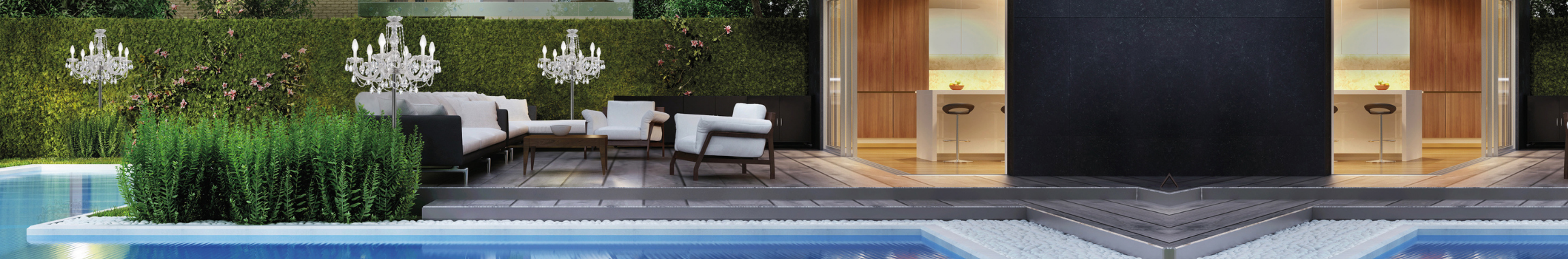 High-quality outdoor lights on a terrace and facade in the evening