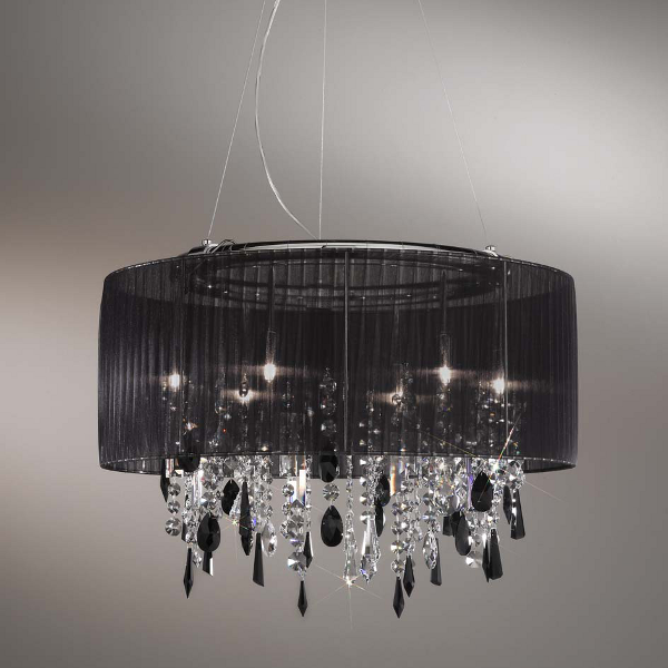 Paralume 6 pendant lamp chrome, black shade, clear + black crystals