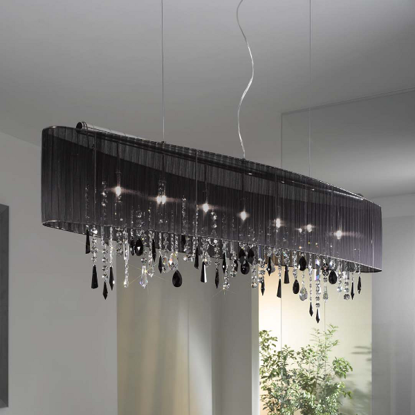 Paralume 7 pendant lamp chrome plated, black shade, with clear + black crystals