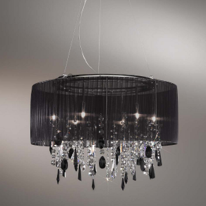 Paralume 6 Pendant Light, chrome-plated, black shade, clear and black crystals